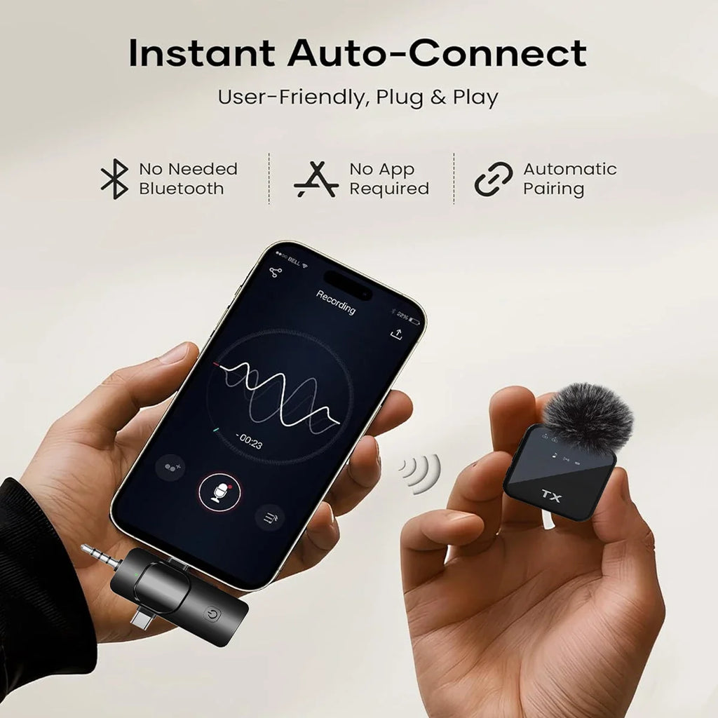 Wireless lavalier microphone for iPhone, camera, Android, reverb video recording, podcast noise reduction clip on microphone