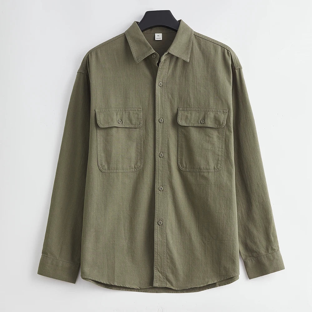 Men's Workwear Shirt – 100% Cotton Long Sleeve Vintage Style with Pockets, 2025 Spring & Autumn Casual Jacket Top