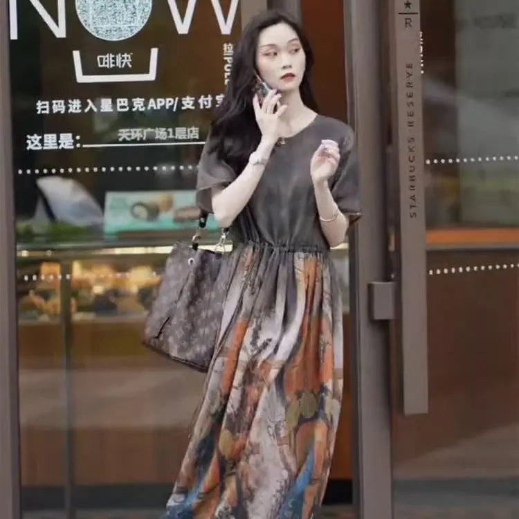 Fashionable Dress for Women 2025 Summer New Retro Drawstring Waist-hugging Long A-line Skirt