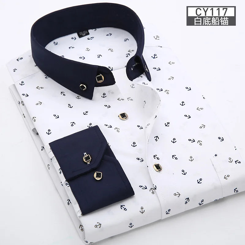 Men's Slim Fit Long-Sleeve Printed Shirt - Non-Iron Breathable Business Casual