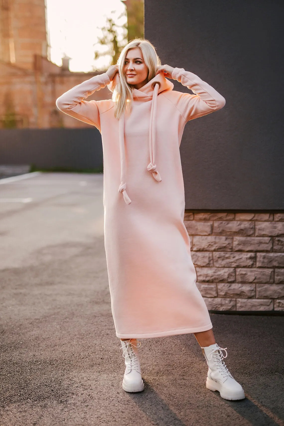 Women Fashion  New Loose Large Knitted Hooded Autumn Winter Long Dress Velvet Hoodie Dress Casual Dress Splicing Warm Dress