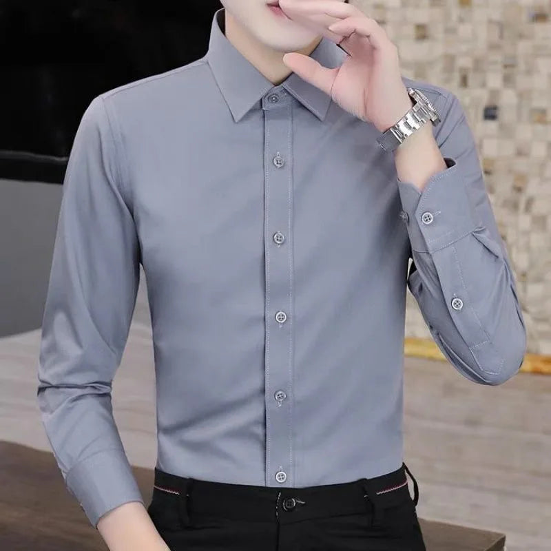 Men’s Solid Color Slim Fit Long Sleeve Business Casual Formal Shirt No Iron