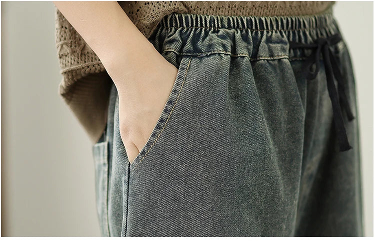 Jeans Women 2025 Autumn New Jeans Retro Heavy Industry Embroidery Ethnic Style Elastic Waist Casual Oversized Wide Leg Pants - trendingshoping.com