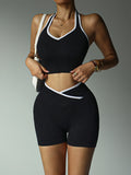 Women’s 2-Piece Yoga Gym Set - Black & White Patchwork Halter Top & High-Waist Shorts