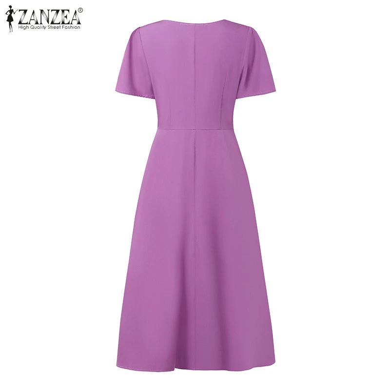 Elegant V Neck Office Work Dresses ZANZEA Women 2025 Summer Dress Solid Pleated Sundress Short Sleeve A Line Party Vestidos Robe