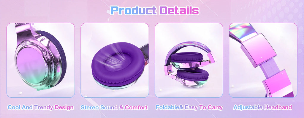 Glossy Bluetooth Headphones For Kids Girls Wireless Stereo Headset With Mic