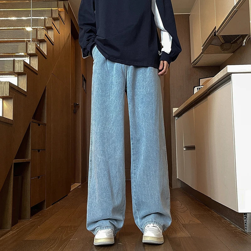 Mens Black Gray Loose Straight Wide Leg Jeans Casual Pantslue