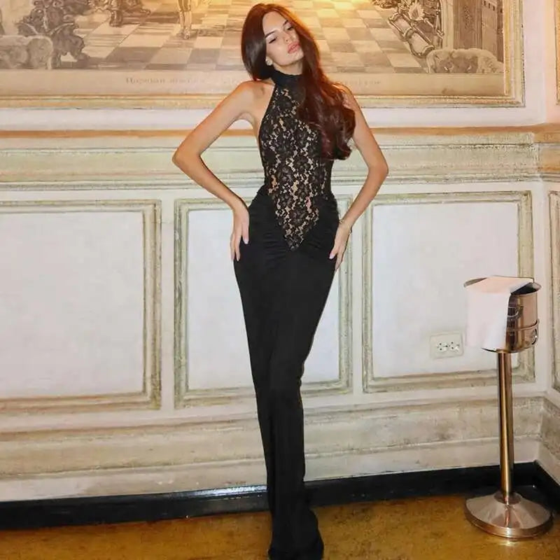 Women’s Fashion Sequin Halter Neck Backless Long Dress