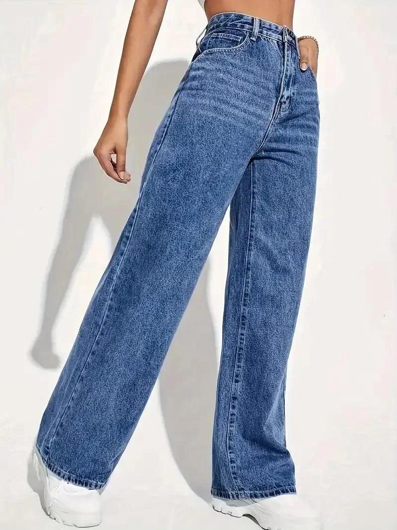 New ForeignWomen's High-Waisted Wide-Leg Jeans - Straight Loose Fit Denim with Elegant Drape Trade