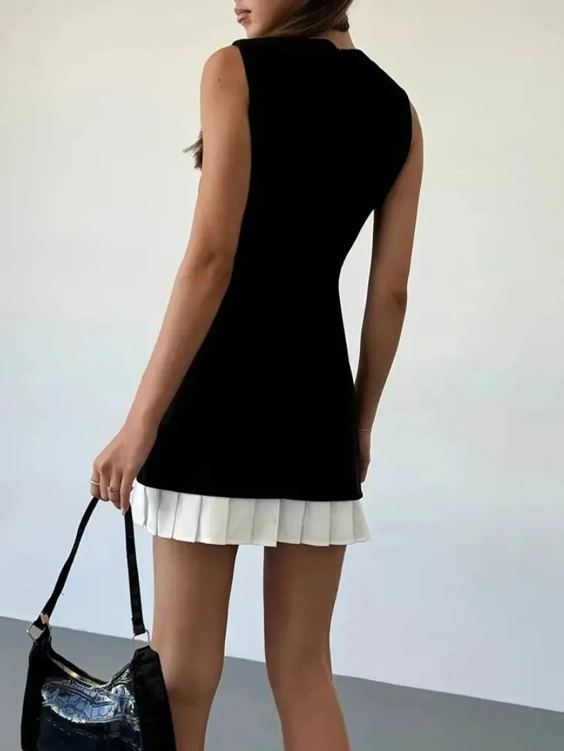 Women's Sleeveless Pleated Mini Dress - Patchwork Elegant Office Wear