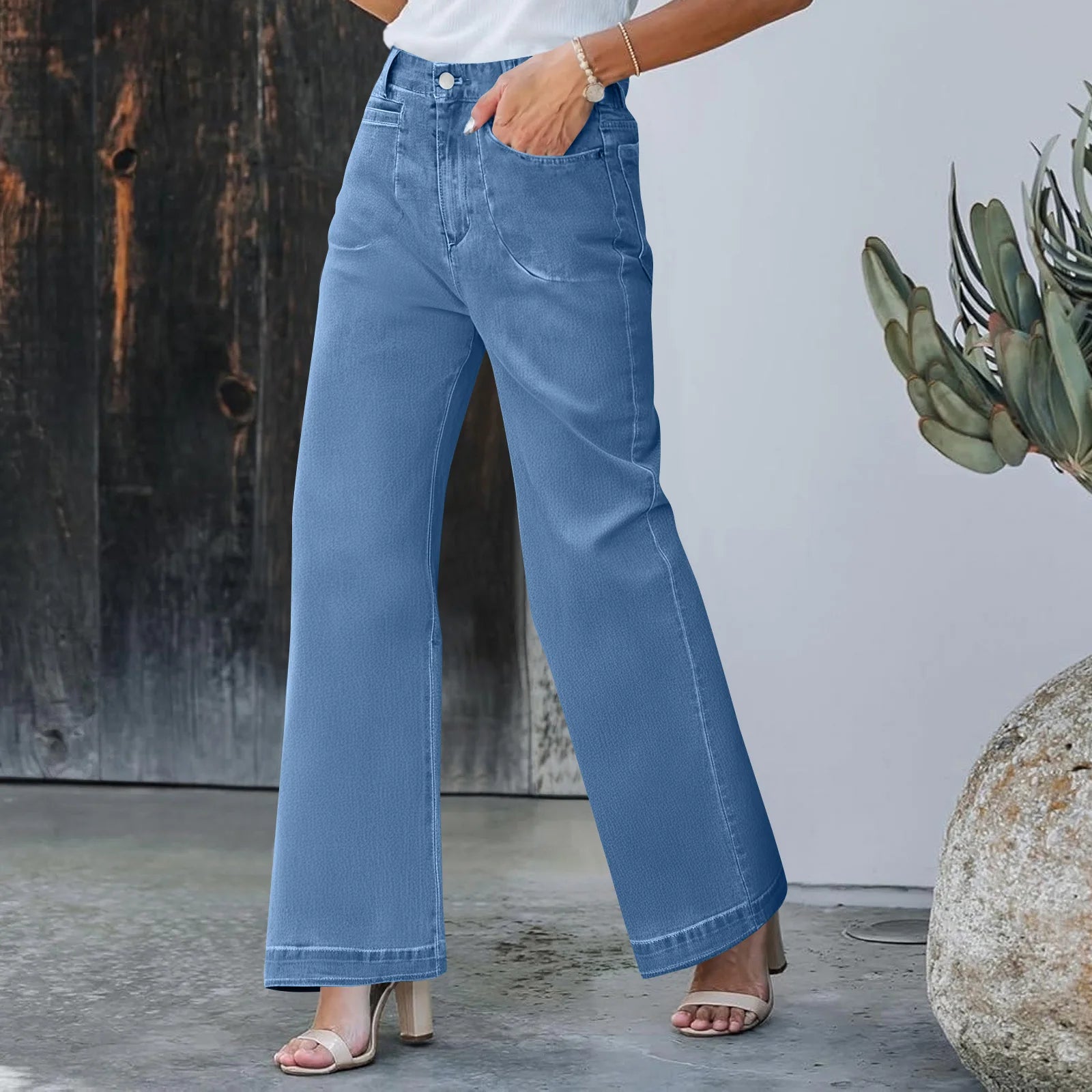 Womens High Waist Spring Wide Leg Straight Jeans Retro Style