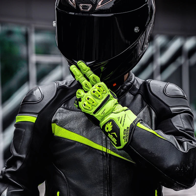 Motorcycle Gloves Full Finger Genuine Leather Long Abrasion-Resistant Riding Gloves with Knuckle Wrist Protection