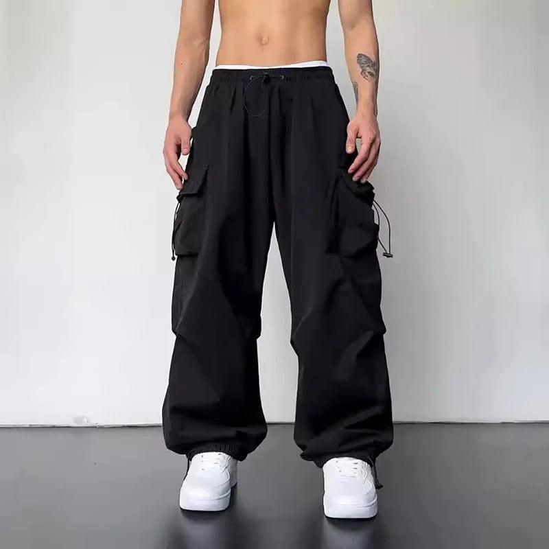 Men’s Streetwear Cargo Pants - Wide-Leg Loose Fit Trousers with Drawstring