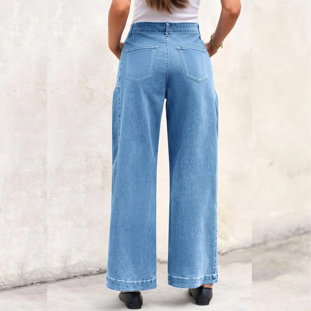 Womens High Waist Spring Wide Leg Straight Jeans Retro Style