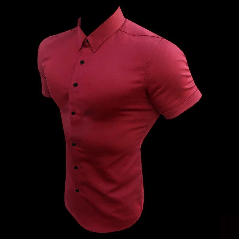 Men’s Summer Short Sleeve Slim Fit Solid Dress Shirt Business Casual Top