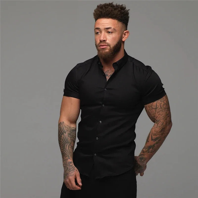 Men’s Summer Short Sleeve Slim Fit Solid Dress Shirt Business Casual Top