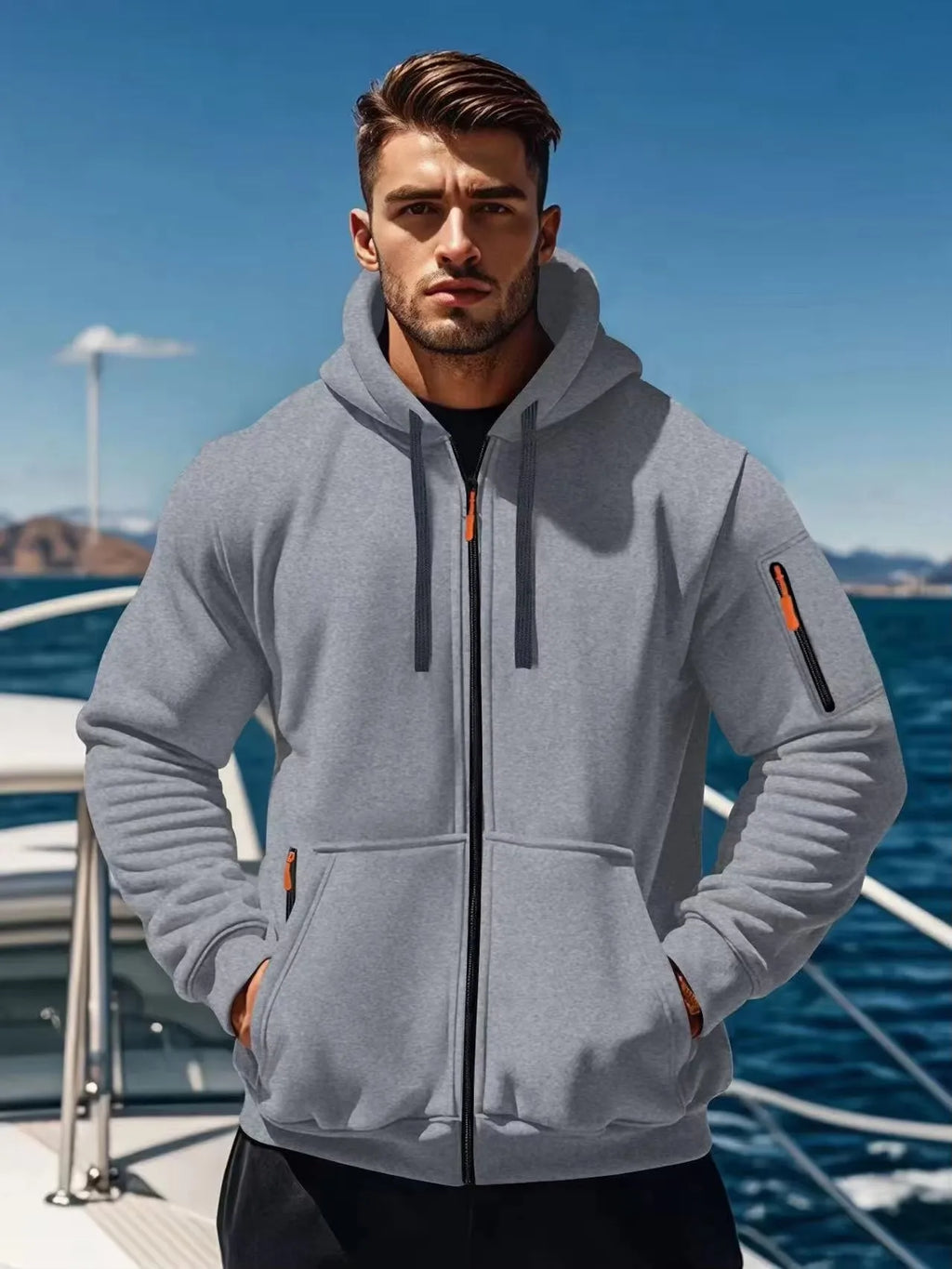 Men’s Winter Warm Zip Hoodie – Casual Sweatshirt with Side Pockets for Outdoor Sports