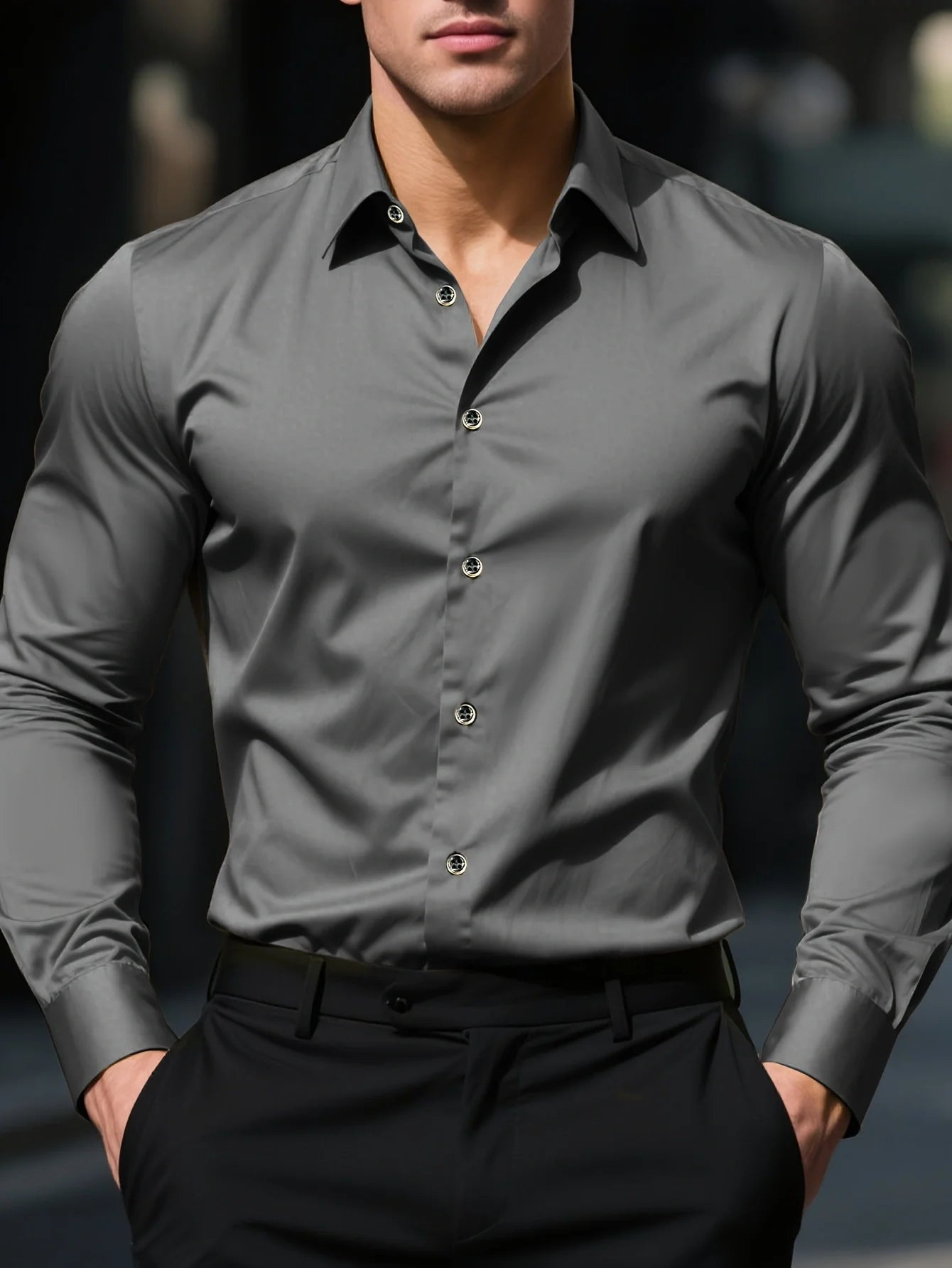 Men's Solid Color Long Sleeve Shirt – Smart Casual Elastic Business Shirt, 2025 Four-Season Wear