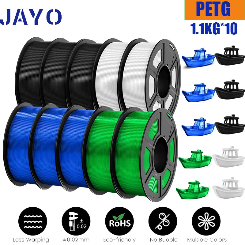 JAYO petg Filament 3d PETG 1.75mm 10Rolls Neatly Wound Toughness no bubbles 3D Printer Filament for FDM Muticolor 1.1KG /roll - trendingshoping.com