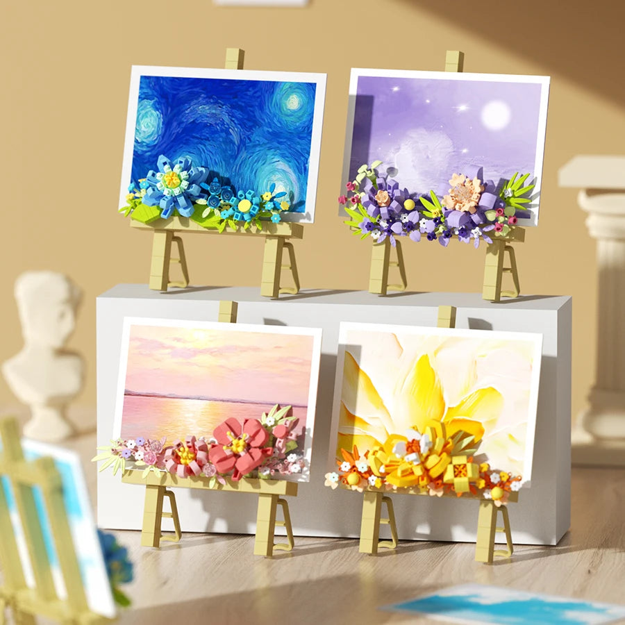 Mini Flower Painting Shelf Building Block Sets With Wooden Easel Educational Toys DIY Home Decor Mother's Day Gifts