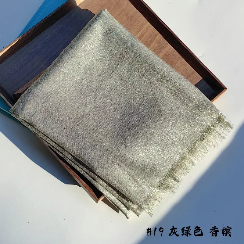 Lastest Brand Design Scarf Shiny Solid Color Shawls Rayon Fabric Gold Silk Silver Wire Head Shawl Fringe Hijab For Women