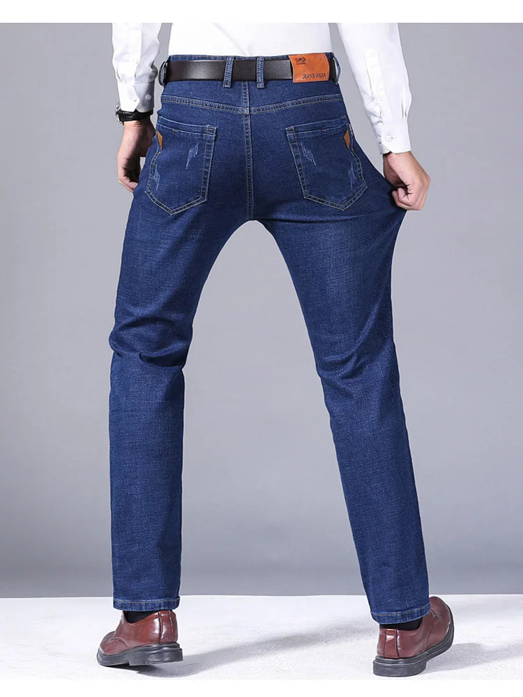 Men Fashion Straight Jeans 2024 New Stretch Slim Fit Comfortable Soft Business Denim Trousers Male Brand Clothing