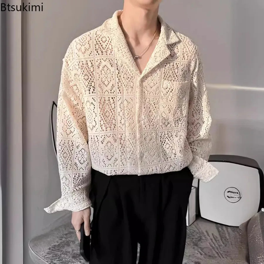 Fashion Hollow Out Shirts for Men Transparent Mesh Lace Long Sleeve Shirts Retro Elegant Breathable Tops Male Streetwear Popular