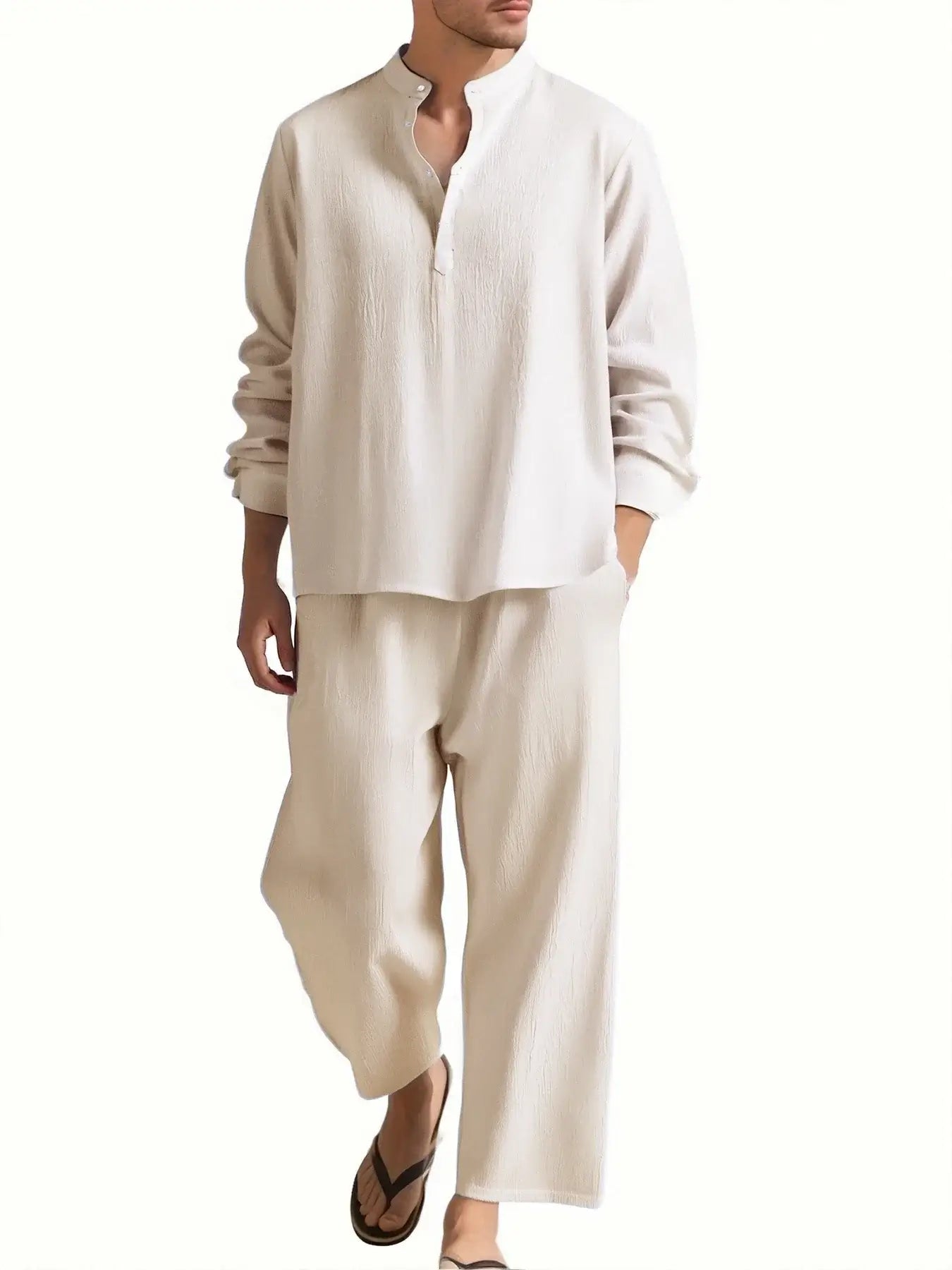 Men’s Long Sleeve Shirt and Pants Set Solid Color Tracksuit Beach Vacation Wear