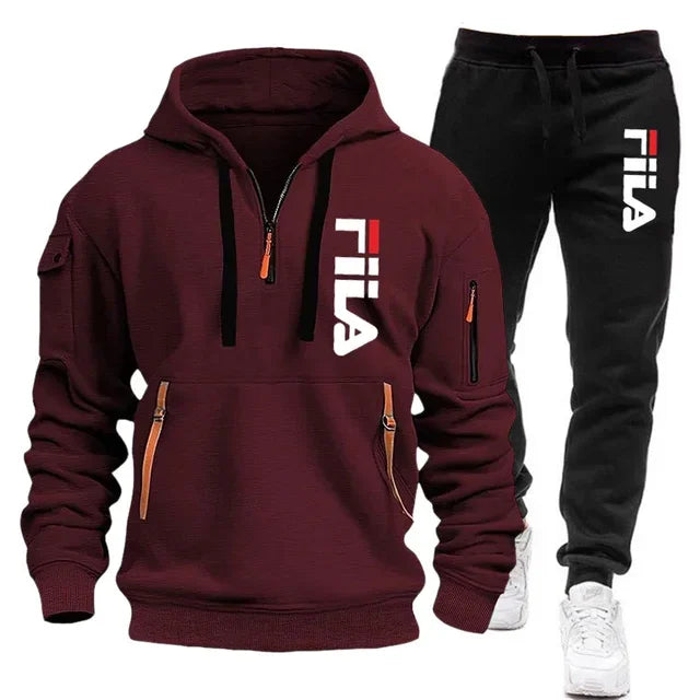 FILA 2026 Men's Autumn Winter Hoodie & Pants Set – Two-Piece Pullover Sportswear, Outdoor Multi-Pocket Sweatshirt