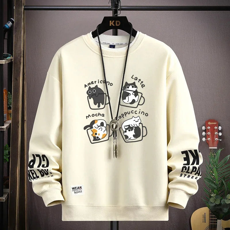 Men's Sweatshirt Streetwear Cat Coffee Printed Long Sleeve T-shirt Fashion Men's Clothing Casual Crew Neck Harajuku Top 2024 New