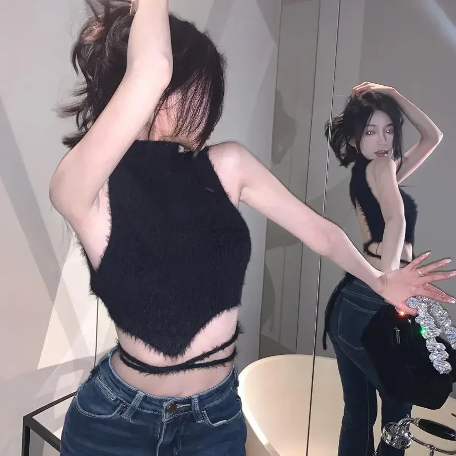 Women Knit Halter Crop Top Furry Lace Up Sleeveless
