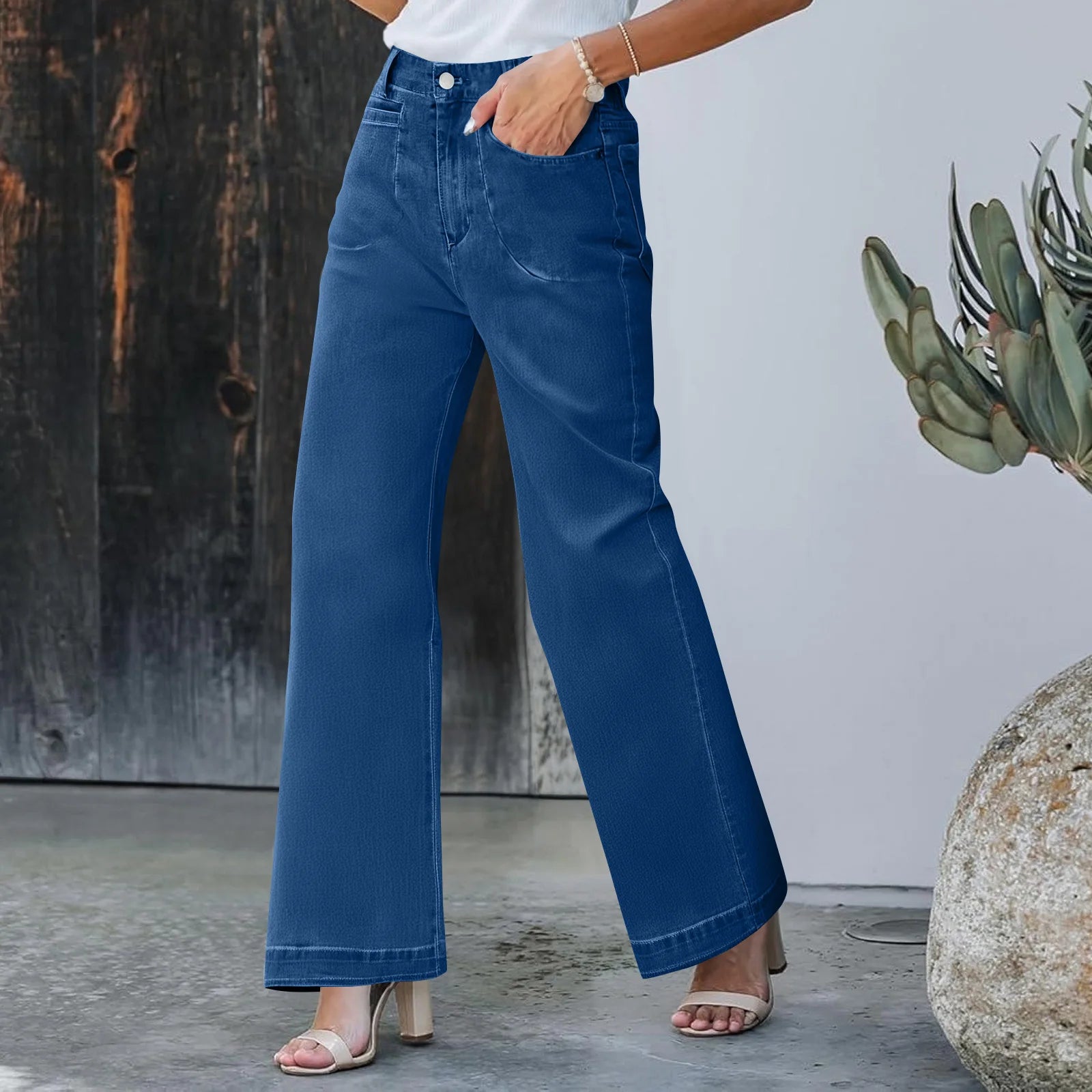 Womens High Waist Spring Wide Leg Straight Jeans Retro Style