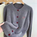 2025 Women Knitted Cardigan Bow Embroidery O-Neck Single Breasted Heart-shaped Button Sweater Korean Casual Solid Knitting Tops