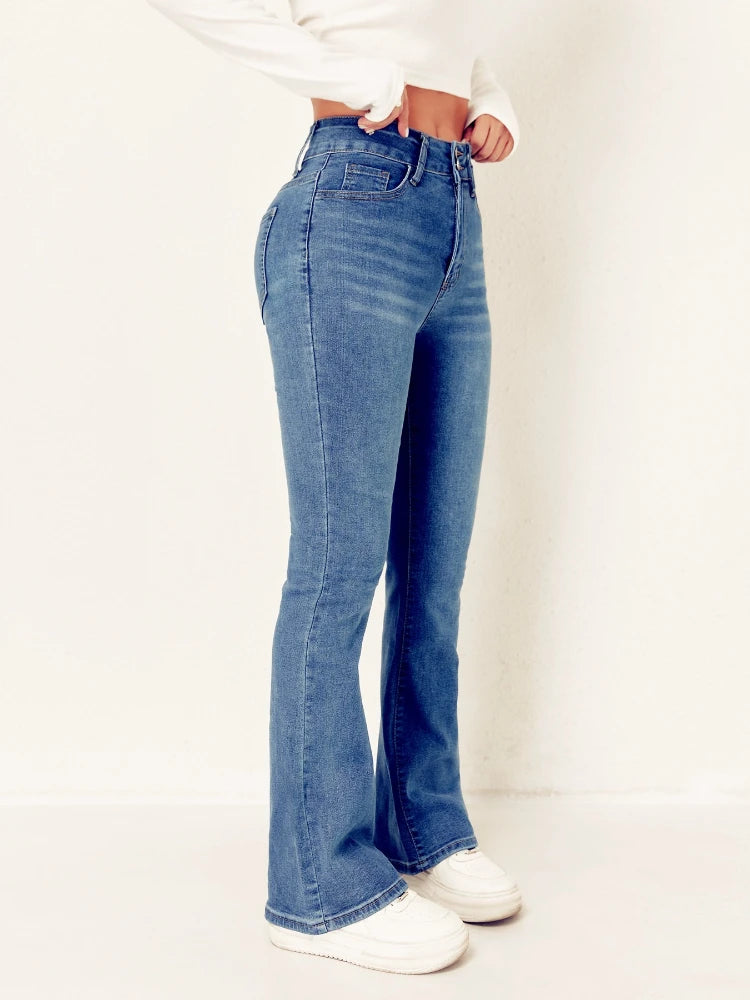 2026 Women's Jeans High Waisted Double Button Elastic Slightly Flared American Style Casual Versatile Washed Denim Trousers