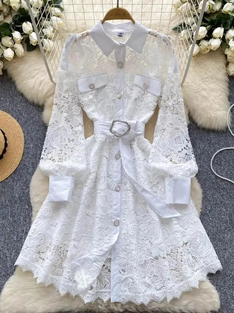 Women’s Solid Color Long Sleeve Midi Dress Single Breasted Belt Elegant Autumn Dress 2025