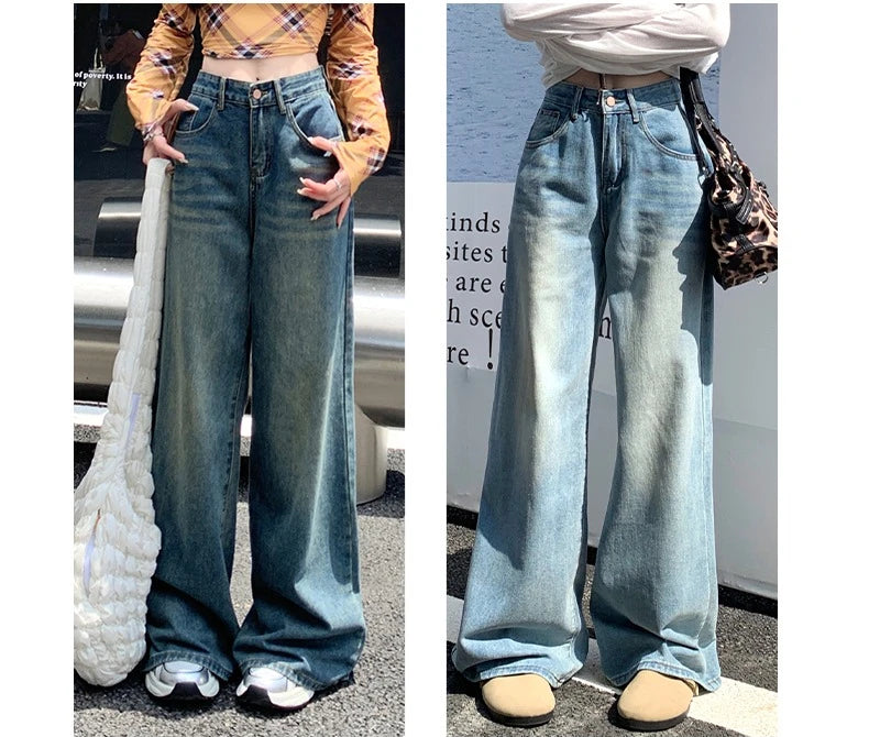 Womens Jeans Denim Pants 2025 Euramerican High Waist Girl Style Colorful Straight Leg Wide Leg Trousers
