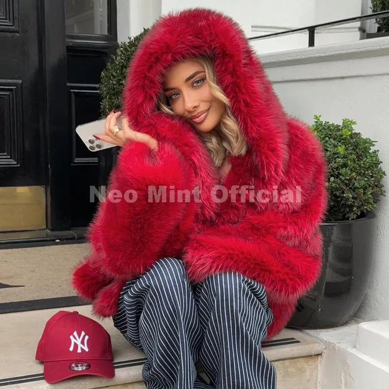 Women’s Hooded Faux Fur Coat Winter Autumn Oversized Shaggy Jacket