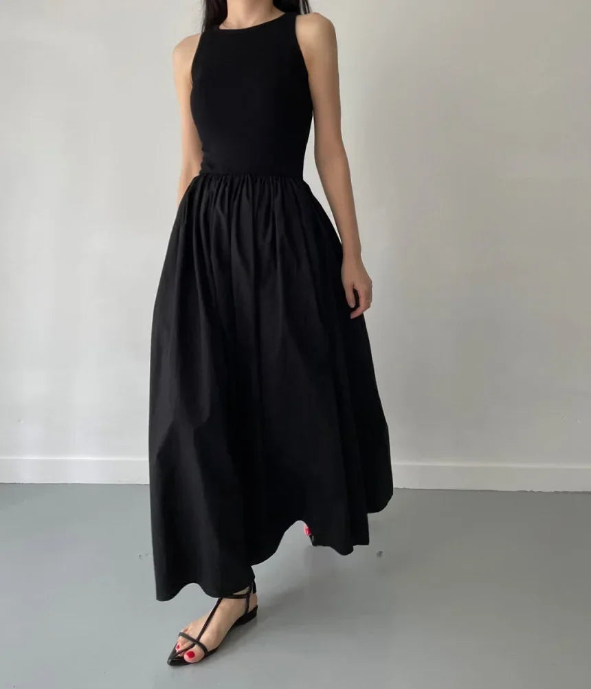 Women Black Long Dress Sleeveless Round Neck Elegant Style
