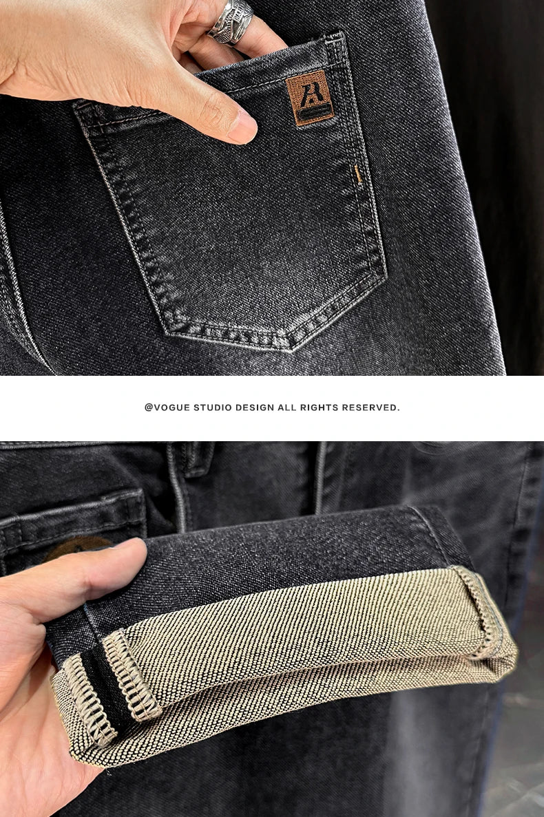 Men's Classic Straight Leg Stretch Jeans - Casual Autumn Winter Denim Trousers