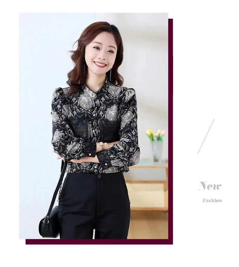 Women's Printed Satin Shirt - Slim Fit Long Sleeve Blouse for Spring & Autumn, Office Wear