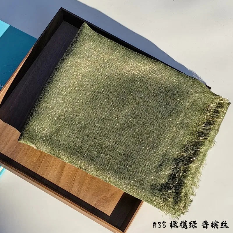 Lastest Brand Design Scarf Shiny Solid Color Shawls Rayon Fabric Gold Silk Silver Wire Head Shawl Fringe Hijab For Women