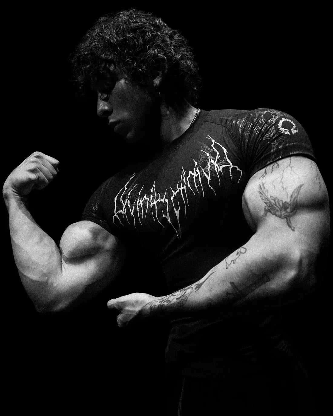GYM T-shirt Men's Dark Gothic Print Muscle Tee  High Elasticity And Quick Drying Exercise For Bodybuilding Training 2025 Summer