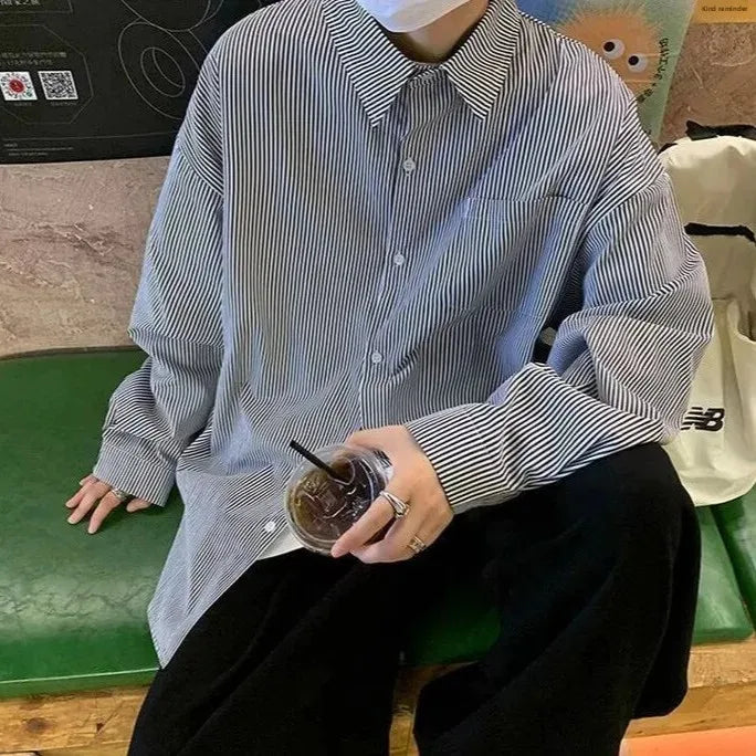 Casual Oxford Cloth Long Sleeve Shirt Men's Spring Summer New Style Hong Kong Style Japanese Stripe Thin Casual Workwear Jacket