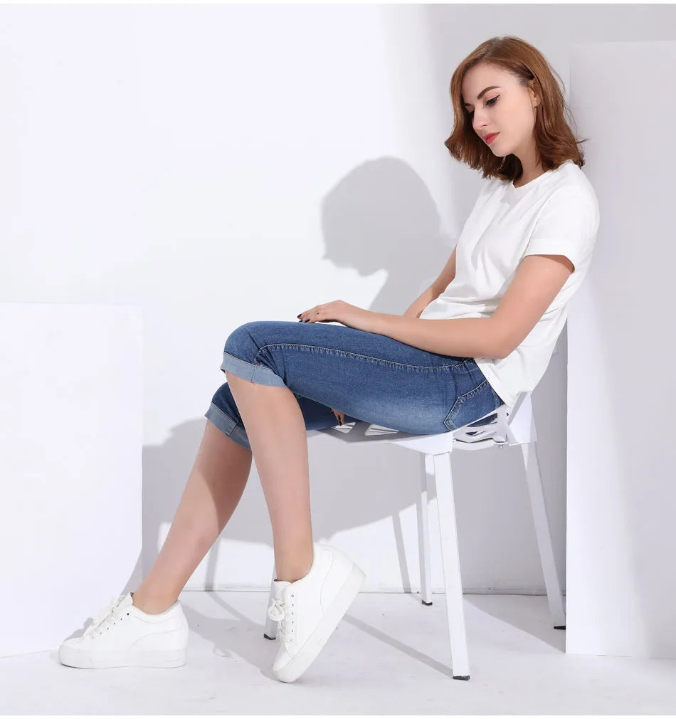 Womens Jeans Black Denim Pants Ladies Cropped Skinny Knee Length Elastic High Waist Mom Oversize