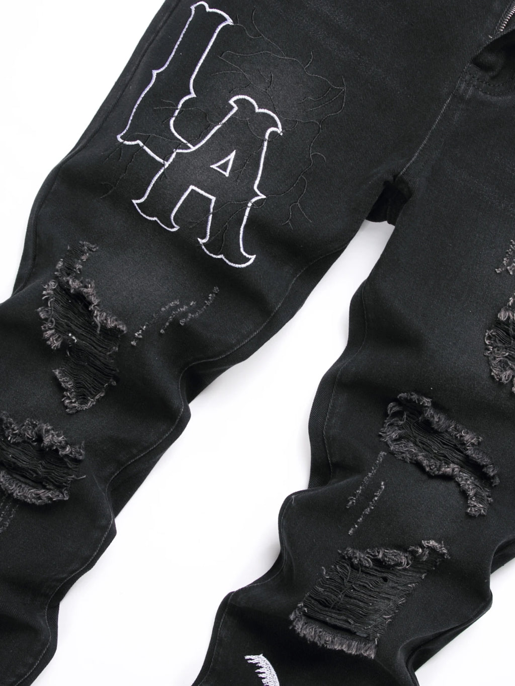 Mens Jeans Black Denim Straight Leg Comfortable Mid Waist White Embroidery Casual Streetwear Slim