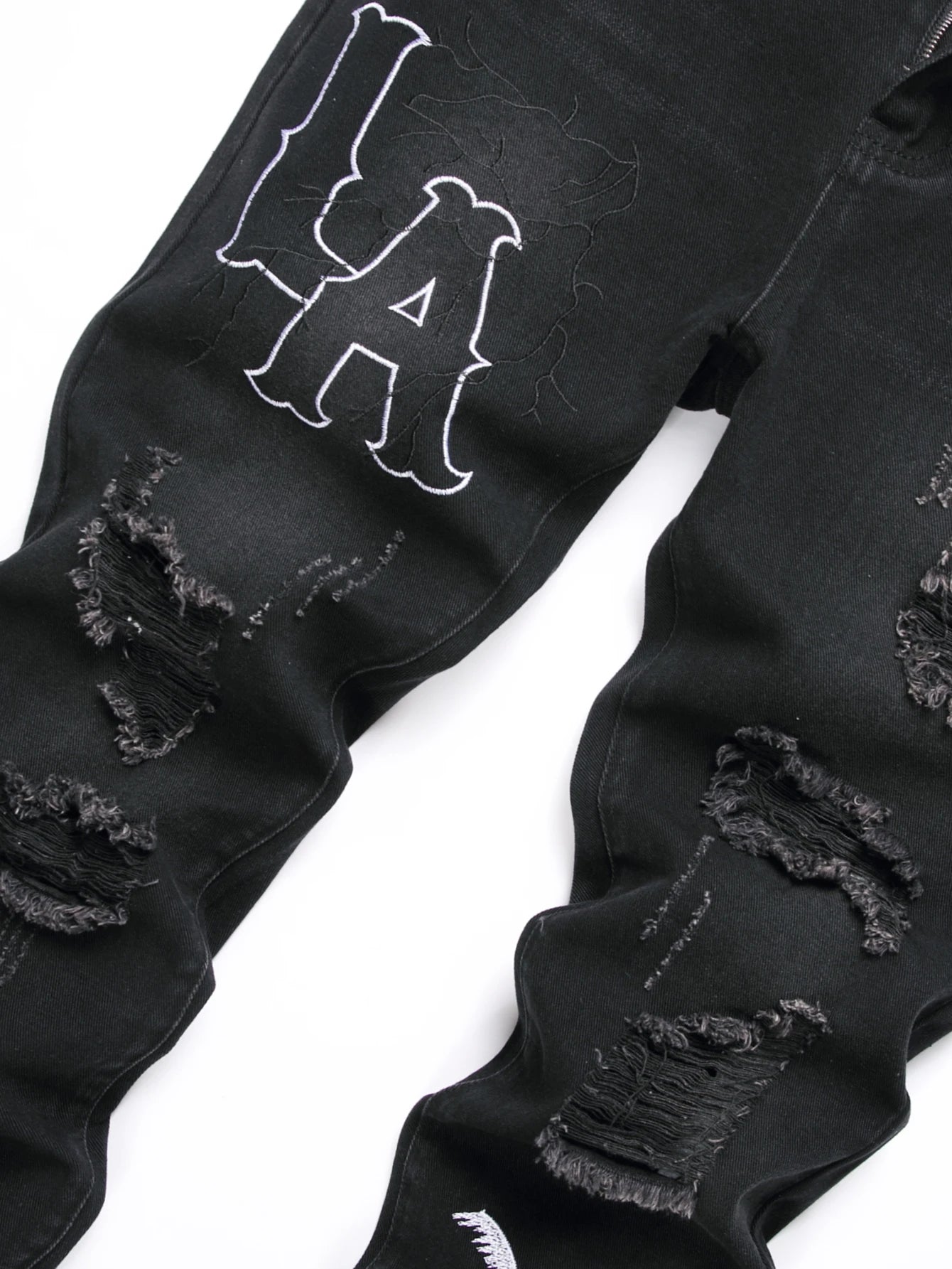 Mens Jeans Black Denim Straight Leg Comfortable Mid Waist White Embroidery Casual Streetwear Slim