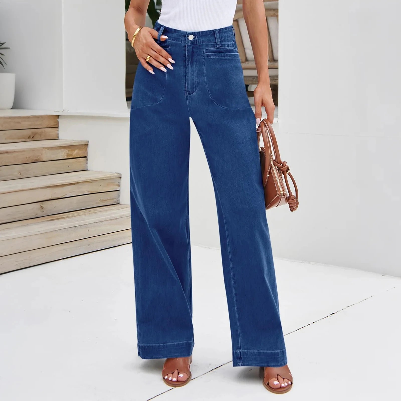 Womens High Waist Spring Wide Leg Straight Jeans Retro Style