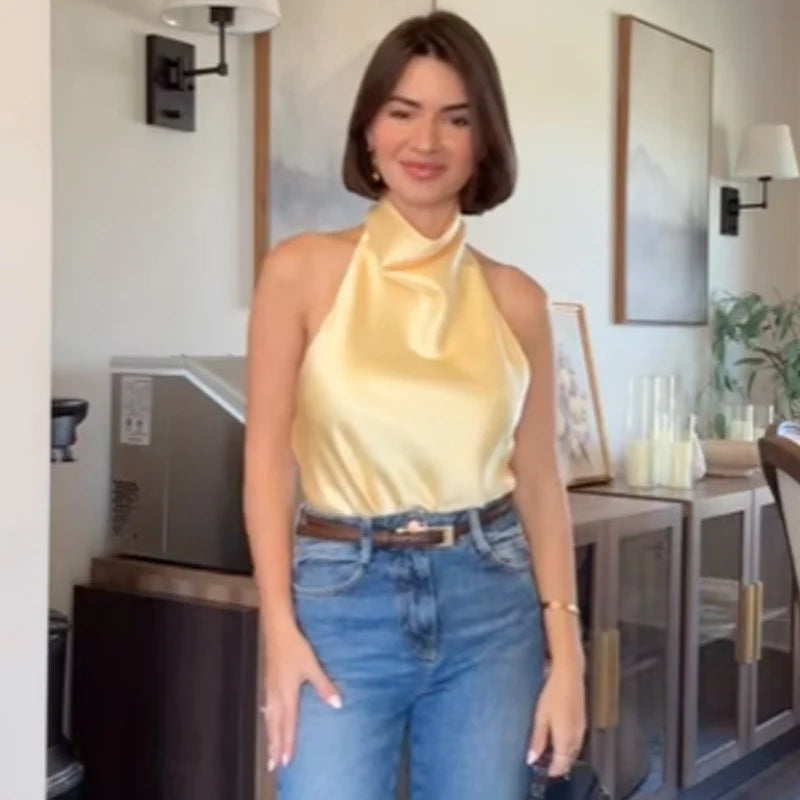 HXAO 2025 Women Satin Halter Top Summer Black Yellow Tanks & Camis Off Shoulder Crop Tank Top Fashion Sleeveless Backless Vests