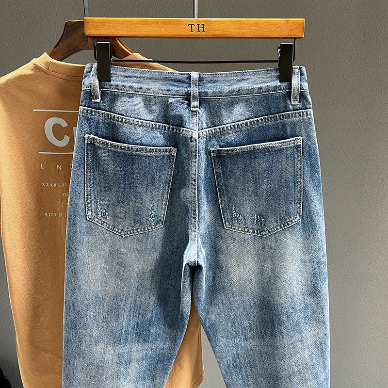 Ripped Jeans Men New Personality Fashion Vintage Blue Streetwear Baggy Denim Pants Casual Tapered Hole Frayed Trousers Male