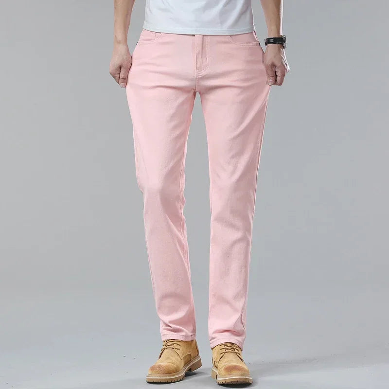 White Jeans Mens Fashion Straight Elastic Cotton Denim Pants Spring Autumn Business Casual Trousers